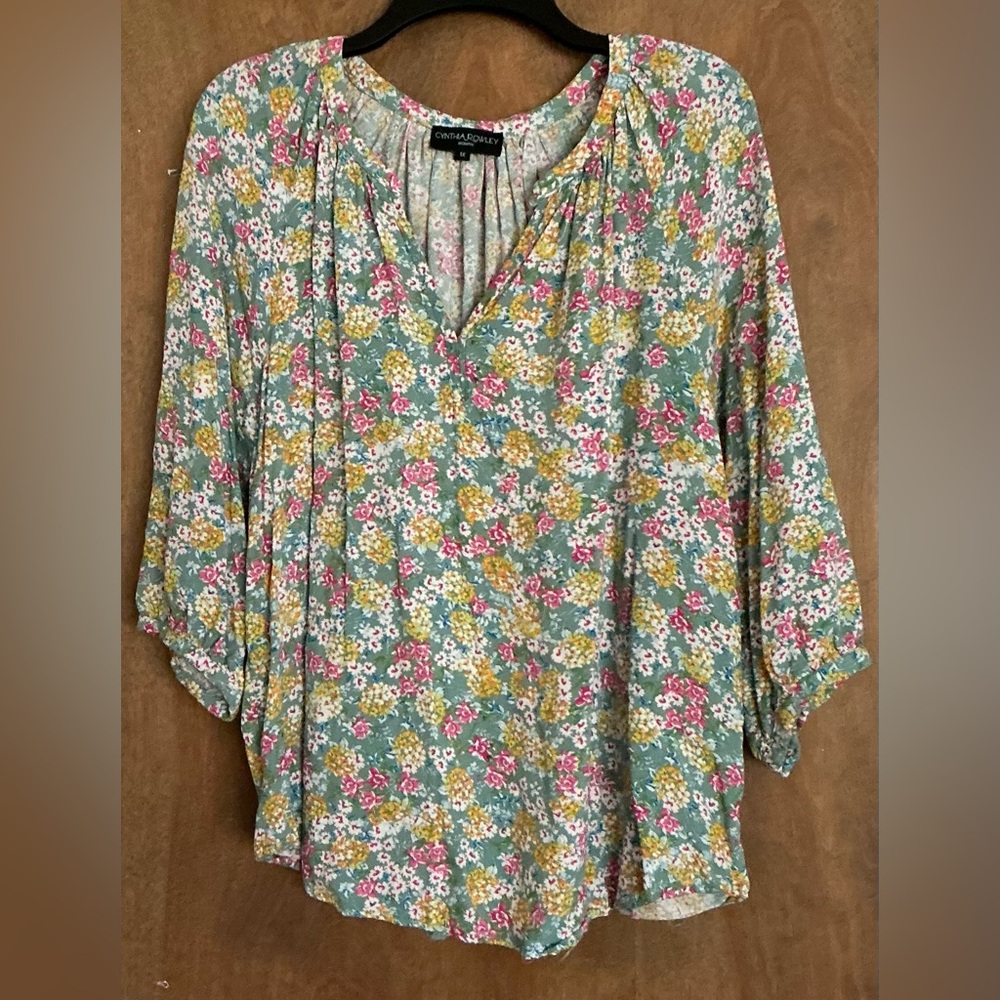 Cynthia Rowley Sage Floral V-Neck Peasant Blouse